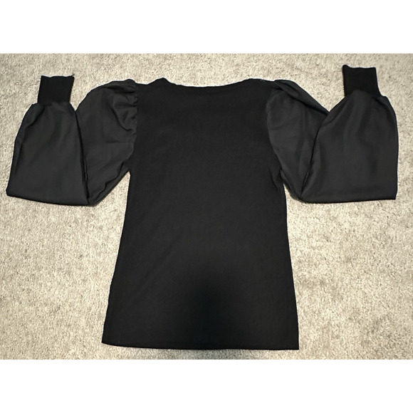 Carmen Marc Valvo S Blouse Ribbed Puff‎ Sheer Sleeve Square Neck Black NWT - Picture 2 of 11